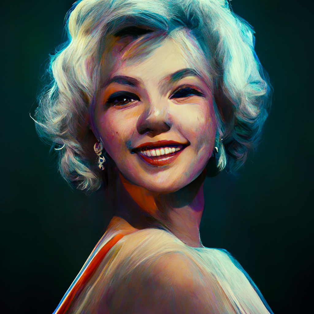 a rendering of Marilyn Monroe in a cocktail dress looking over her shoulder and smiling