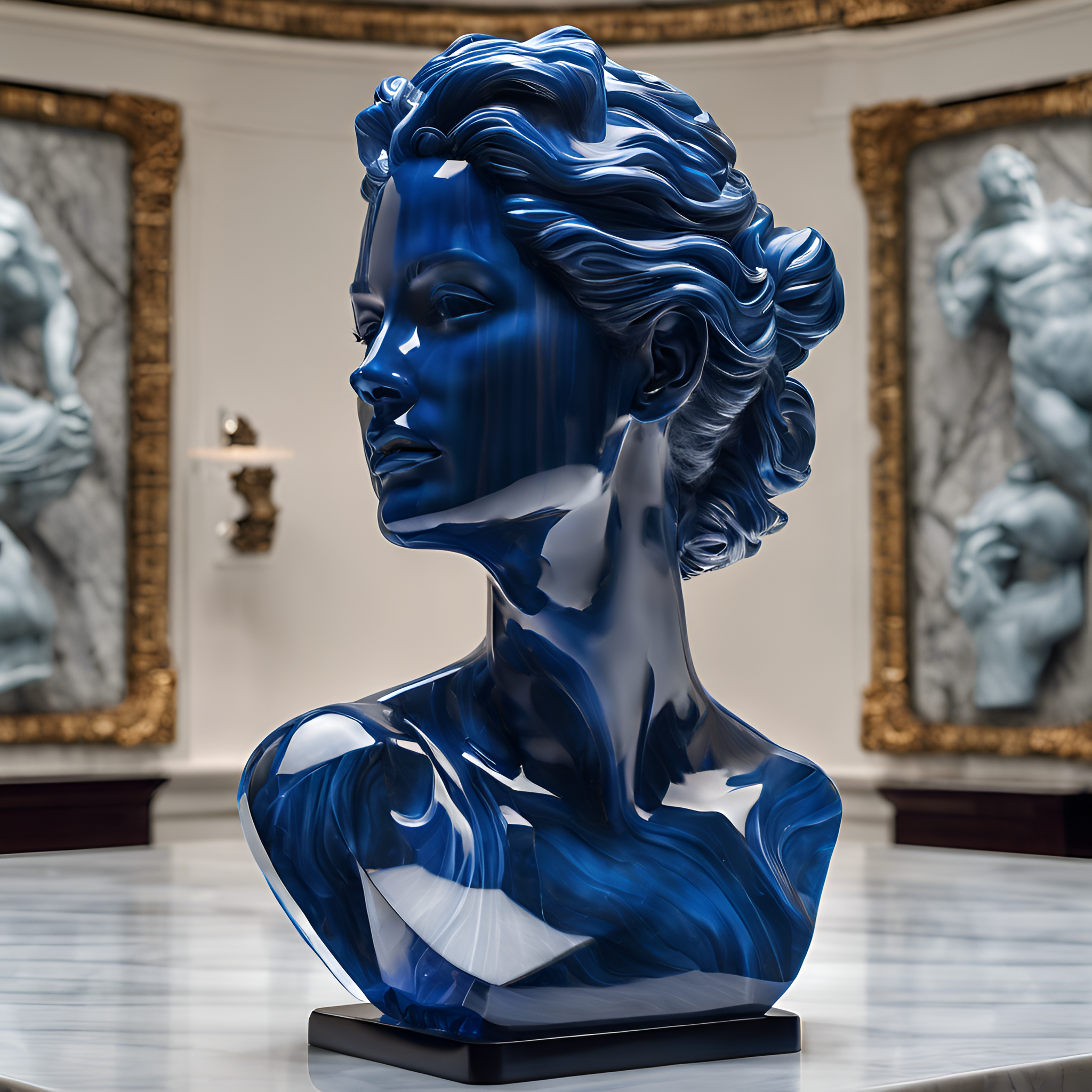 A striking bust of a woman in blue crystalline marble